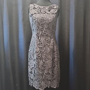 Adrianna Papell Dary Gray Sheath Midi Dress Sleeveless Bateau Size 8